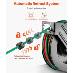 VEVOR Retractable Welding Hose Reel, 1/4-Inch x 50FT Twin Oxygen Acetylene Rubber Hose Max 300PSI - R Grade, Ceiling/Wall Mount Heavy Duty Steel Hose Reel Auto-Rewind, Ideal for Workshops Garages
