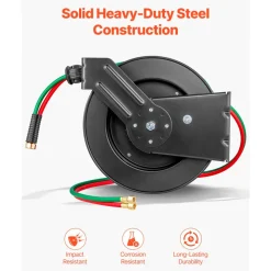 VEVOR Retractable Welding Hose Reel, 1/4-Inch x 50FT Twin Oxygen Acetylene Rubber Hose Max 300PSI - R Grade, Ceiling/Wall Mount Heavy Duty Steel Hose Reel Auto-Rewind, Ideal for Workshops Garages