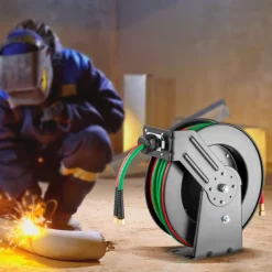 VEVOR Retractable Welding Hose Reel, 1/4-Inch x 50FT Twin Oxygen Acetylene Rubber Hose Max 300PSI - R Grade, Ceiling/Wall Mount Heavy Duty Steel Hose Reel Auto-Rewind, Ideal for Workshops Garages