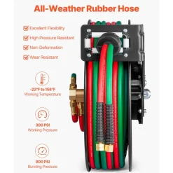 VEVOR Retractable Welding Hose Reel, 1/4-Inch x 50FT Twin Oxygen Acetylene Rubber Hose Max 300PSI - R Grade, Ceiling/Wall Mount Heavy Duty Steel Hose Reel Auto-Rewind, Ideal for Workshops Garages