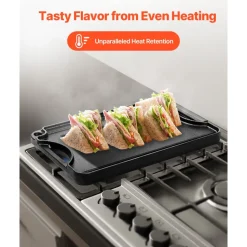 VEVOR Reversible Grill/Griddle, 14x8.5 inch Pre-Seasoned Cast Iron Griddle, Portable Rectangular Pan with Handle, Family Cookware for Indoor/Outdoor Stove Top Burner, Gas, Camping BBQ, Black