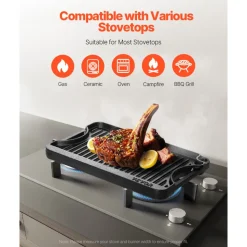 VEVOR Reversible Grill/Griddle, 14x8.5 inch Pre-Seasoned Cast Iron Griddle, Portable Rectangular Pan with Handle, Family Cookware for Indoor/Outdoor Stove Top Burner, Gas, Camping BBQ, Black