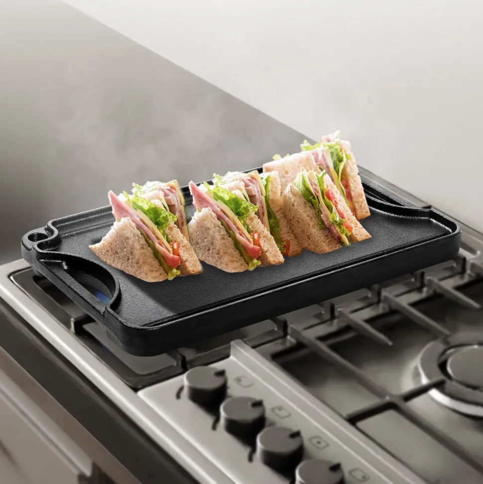 VEVOR Reversible Grill/Griddle, 14x8.5 inch Pre-Seasoned Cast Iron Griddle, Portable Rectangular Pan with Handle, Family Cookware for Indoor/Outdoor Stove Top Burner, Gas, Camping BBQ, Black