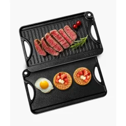 VEVOR Reversible Grill/Griddle, 14x8.5 inch Pre-Seasoned Cast Iron Griddle, Portable Rectangular Pan with Handle, Family Cookware for Indoor/Outdoor Stove Top Burner, Gas, Camping BBQ, Black