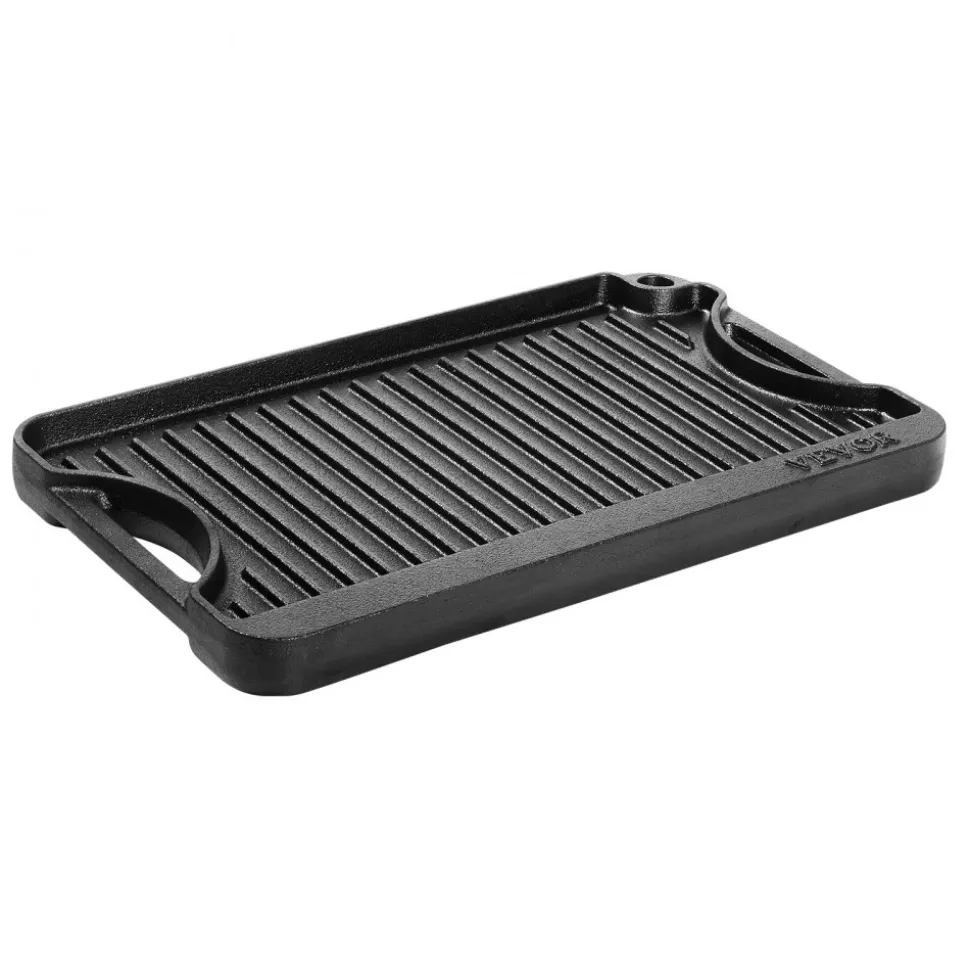 VEVOR Reversible Grill/Griddle, 14x8.5 inch Pre-Seasoned Cast Iron Griddle, Portable Rectangular Pan with Handle, Family Cookware for Indoor/Outdoor Stove Top Burner, Gas, Camping BBQ, Black