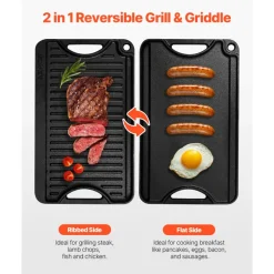 VEVOR Reversible Grill/Griddle, 14x8.5 inch Pre-Seasoned Cast Iron Griddle, Portable Rectangular Pan with Handle, Family Cookware for Indoor/Outdoor Stove Top Burner, Gas, Camping BBQ, Black