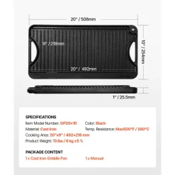 VEVOR Reversible Grill/Griddle, 20x10 inch Pre-Seasoned Cast Iron Griddle, Portable Rectangular Pan with Handle, Family Cookware for Indoor/Outdoor Stove Top Burner, Gas, Camping BBQ, Black
