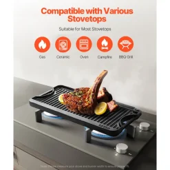 VEVOR Reversible Grill/Griddle, 20x10 inch Pre-Seasoned Cast Iron Griddle, Portable Rectangular Pan with Handle, Family Cookware for Indoor/Outdoor Stove Top Burner, Gas, Camping BBQ, Black