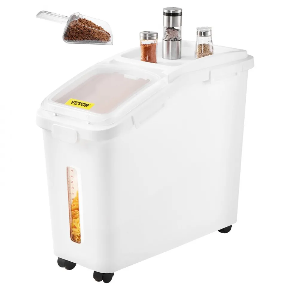 VEVOR Rice Storage Container, 3.5Gal/15Lx2 + 4.5Gal/20Lx2 Large Dog Food Dispenser Bin, Kitchen Ingredient Grain Cereal Bin, Pet food Containers with Wheels, 4 Measuring Cups, Airtight Lid, 4 Pack