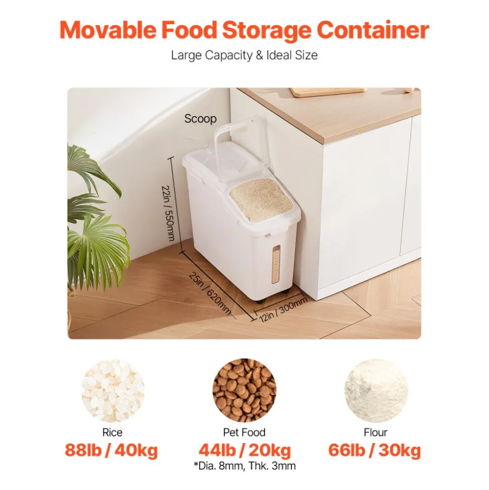 VEVOR Rice Storage Container, 3.5Gal/15Lx2 + 4.5Gal/20Lx2 Large Dog Food Dispenser Bin, Kitchen Ingredient Grain Cereal Bin, Pet food Containers with Wheels, 4 Measuring Cups, Airtight Lid, 4 Pack