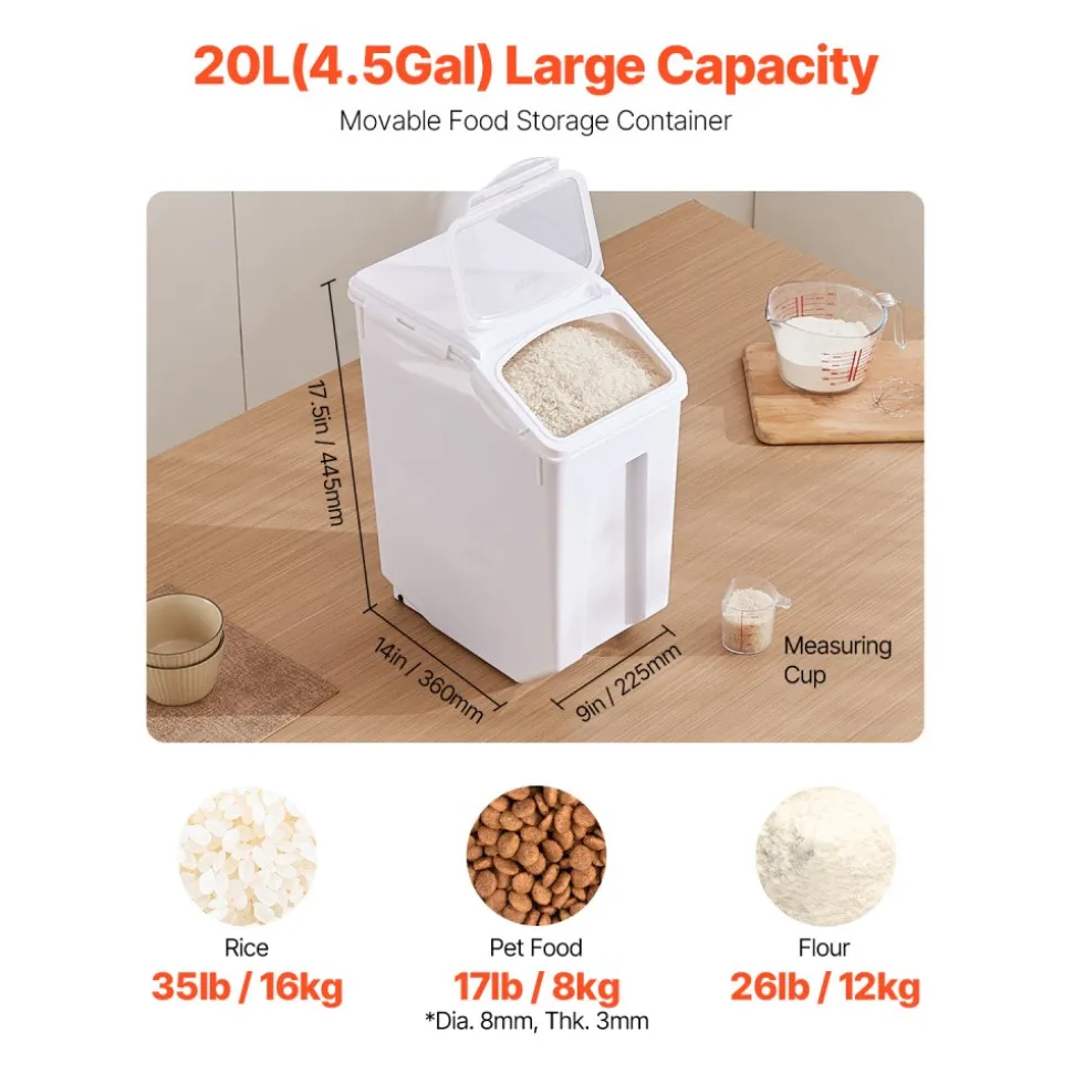 VEVOR Rice Storage Container, 4.5Gallon/20L Capacity Large Dog Food Dispenser Bin, Kitchen Ingredient Grain Cereal Flour Bin, Pet food Containers with Wheels, Measuring Cup, Airtight Lid, 1 Pack