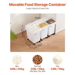 VEVOR Rice Storage Container, 6.6Gallon/25L x3 Capacity Large Dog Food Dispenser Bin, Kitchen Ingredient Grain Cereal Flour Bin, Pet food Containers with Wheels, 3 Scoops, Â and Airtight Lid, 3 Pack