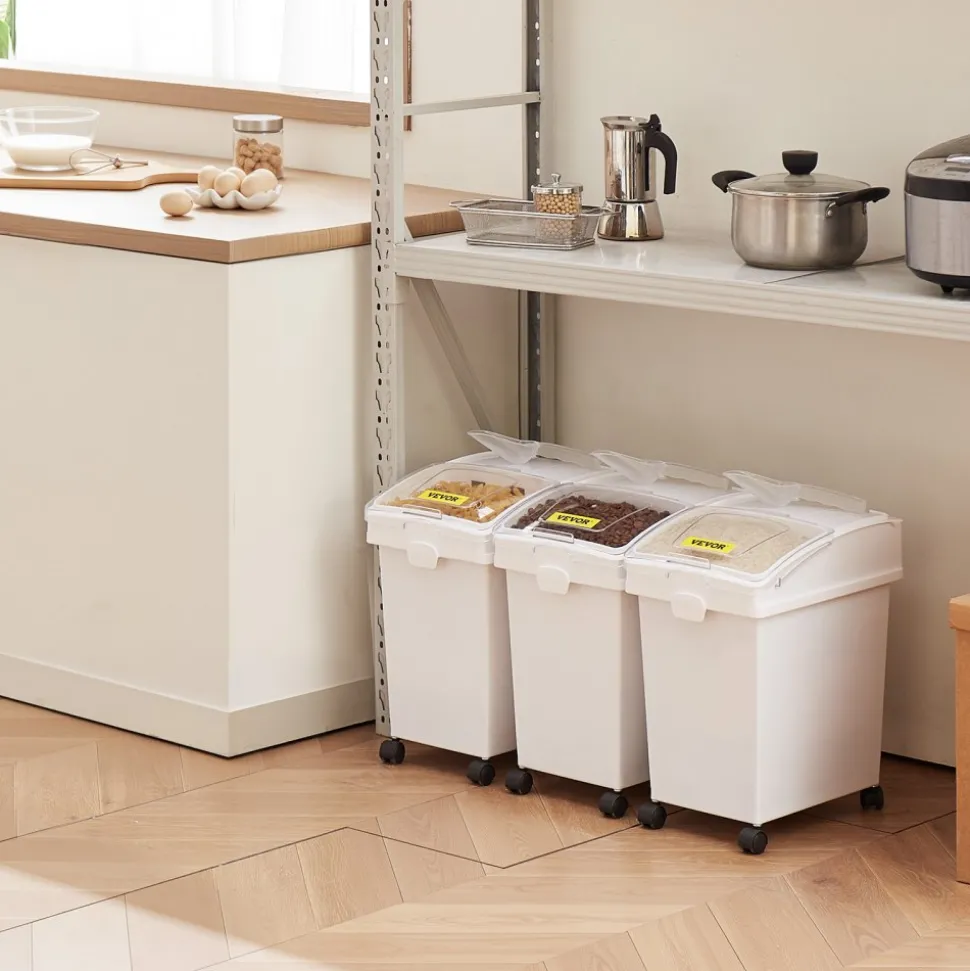 VEVOR Rice Storage Container, 6.6Gallon/25L x3 Capacity Large Dog Food Dispenser Bin, Kitchen Ingredient Grain Cereal Flour Bin, Pet food Containers with Wheels, 3 Scoops, and Airtight Lid, 3 Pack
