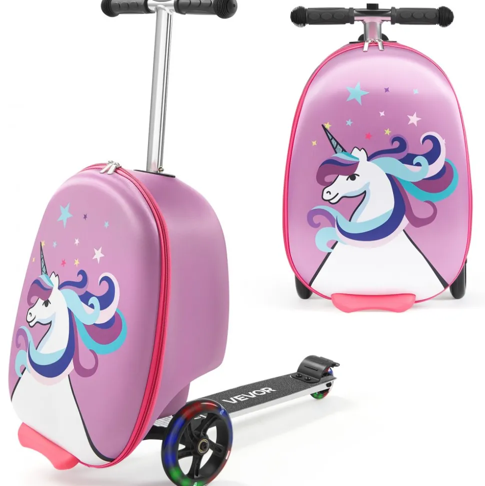 VEVOR Ride-on Luggage, 20 L Capacity, 20 Inches Kids Scooter Suitcase with Flash PU Wheels, Adjustable Handle & TPR Non-Slip Grip, Foldable & Lightweight Scooter Luggage for Kids Aged 5+, Purple