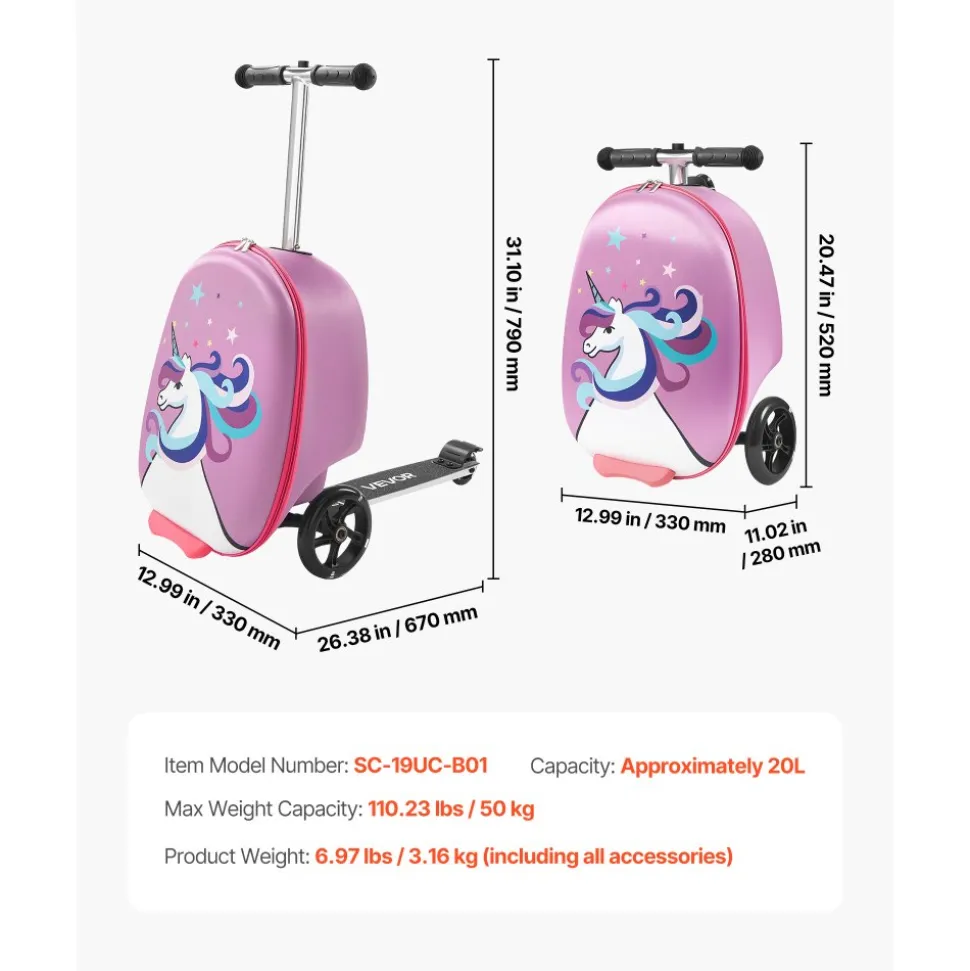 VEVOR Ride-on Luggage, 20 L Capacity, 20 Inches Kids Scooter Suitcase with Flash PU Wheels, Adjustable Handle & TPR Non-Slip Grip, Foldable & Lightweight Scooter Luggage for Kids Aged 5+, Purple