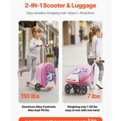 VEVOR Ride-on Luggage, 20 L Capacity, 20 Inches Kids Scooter Suitcase with Flash PU Wheels, Adjustable Handle & TPR Non-Slip Grip, Foldable & Lightweight Scooter Luggage for Kids Aged 5+, Purple