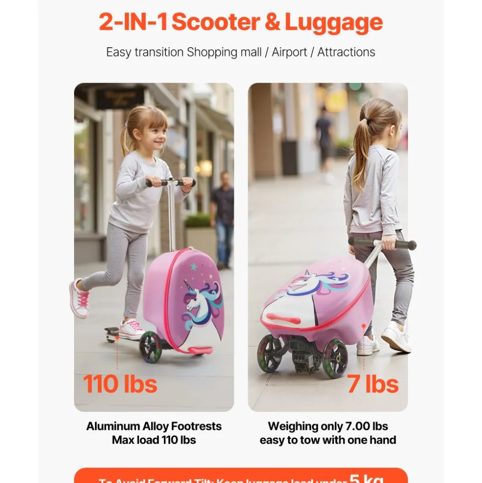 VEVOR Ride-on Luggage, 20 L Capacity, 20 Inches Kids Scooter Suitcase with Flash PU Wheels, Adjustable Handle & TPR Non-Slip Grip, Foldable & Lightweight Scooter Luggage for Kids Aged 5+, Purple