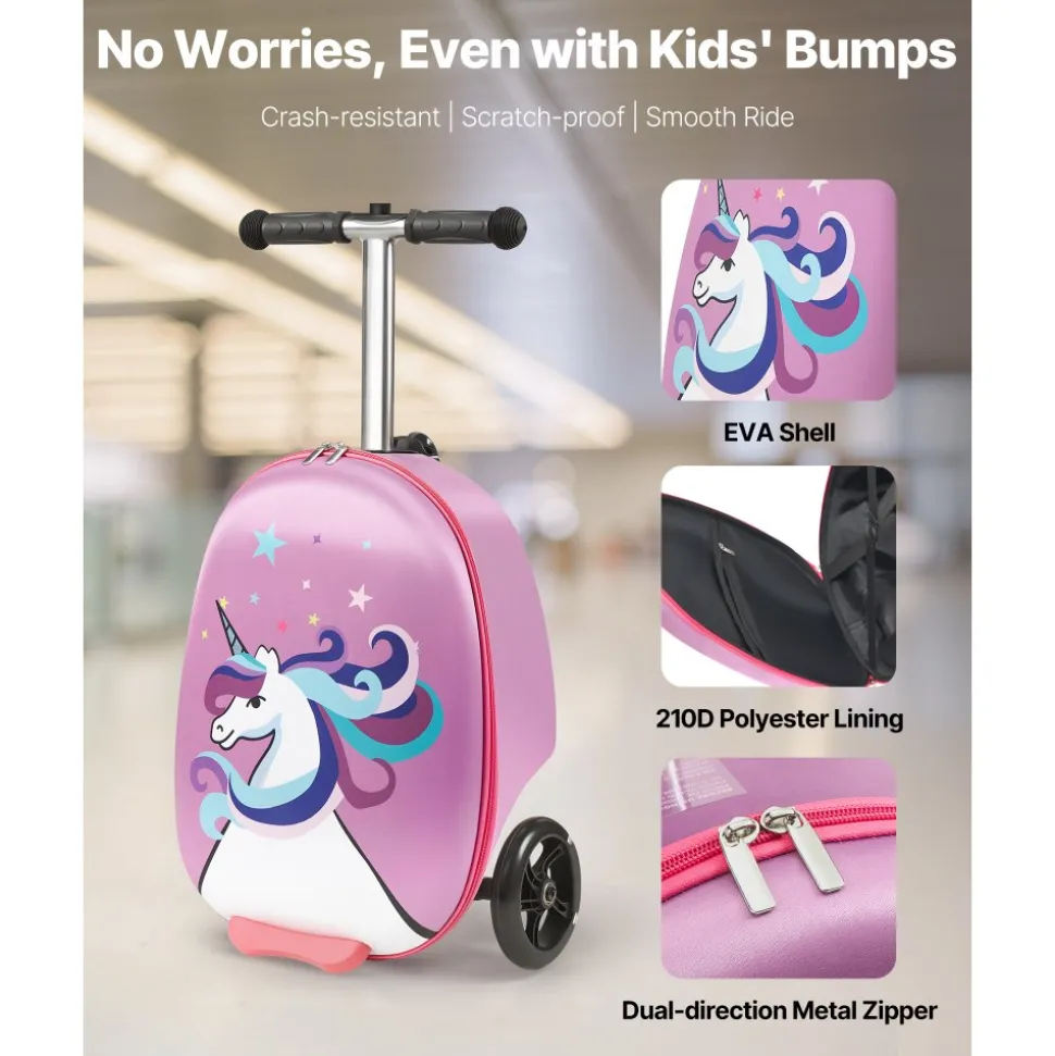 VEVOR Ride-on Luggage, 20 L Capacity, 20 Inches Kids Scooter Suitcase with Flash PU Wheels, Adjustable Handle & TPR Non-Slip Grip, Foldable & Lightweight Scooter Luggage for Kids Aged 5+, Purple