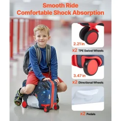 VEVOR Ride-on Luggage, 26 L Capacity, 18 Inches Tow Along Toddler Carry on Luggage with Wheels, Adjustable Shoulder Strap, Lightweight Kids Riding Suitcase for Boys & Girls Aged 3+, Blue & White