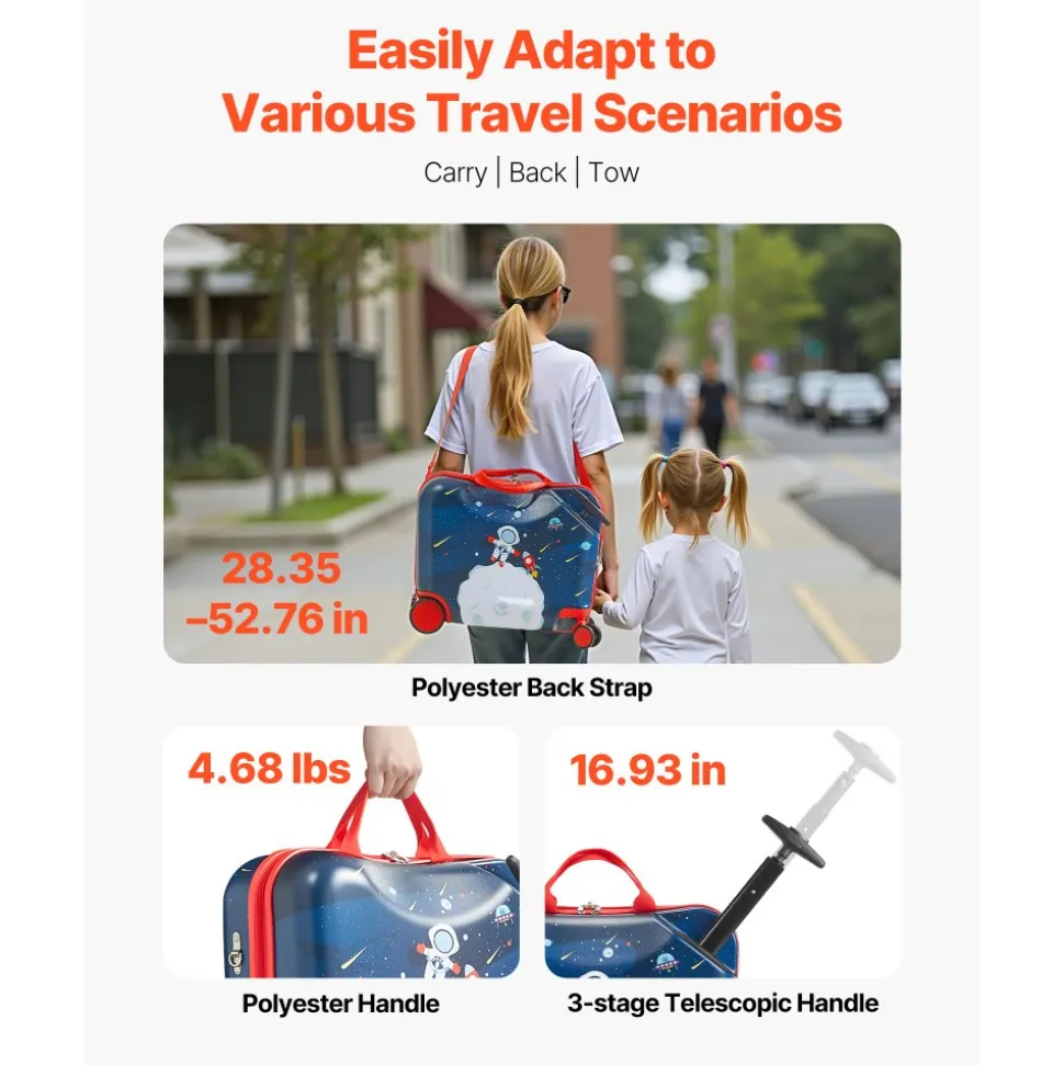 VEVOR Ride-on Luggage, 20 L Capacity, 20 Inches Kids Scooter Suitcase with Flash PU Wheels, Adjustable Handle & TPR Non-Slip Grip, Foldable & Lightweight Scooter Luggage for Kids Aged 5+, Pink