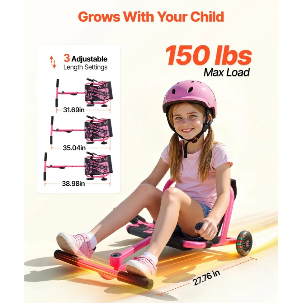 VEVOR Ride on Scooter 150 lbs Swing Side-to-Side for Amazing Riding Pink, for Ages 4+, Powered by Zig-Zag Motion, Ride on Toy with 3 Adjustable Length, Brake Lever, Hard Surface Indoor & Outdoor