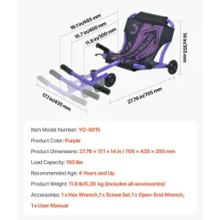 VEVOR Ride on Scooter 150 lbs Swing Side-to-Side for Amazing Riding Purple, for Ages 4+, Powered by Zig-Zag Motion, Ride on Toy with 3 Adjustable Length, Hand Brake, for Hard Surface Indoor & Outdoor