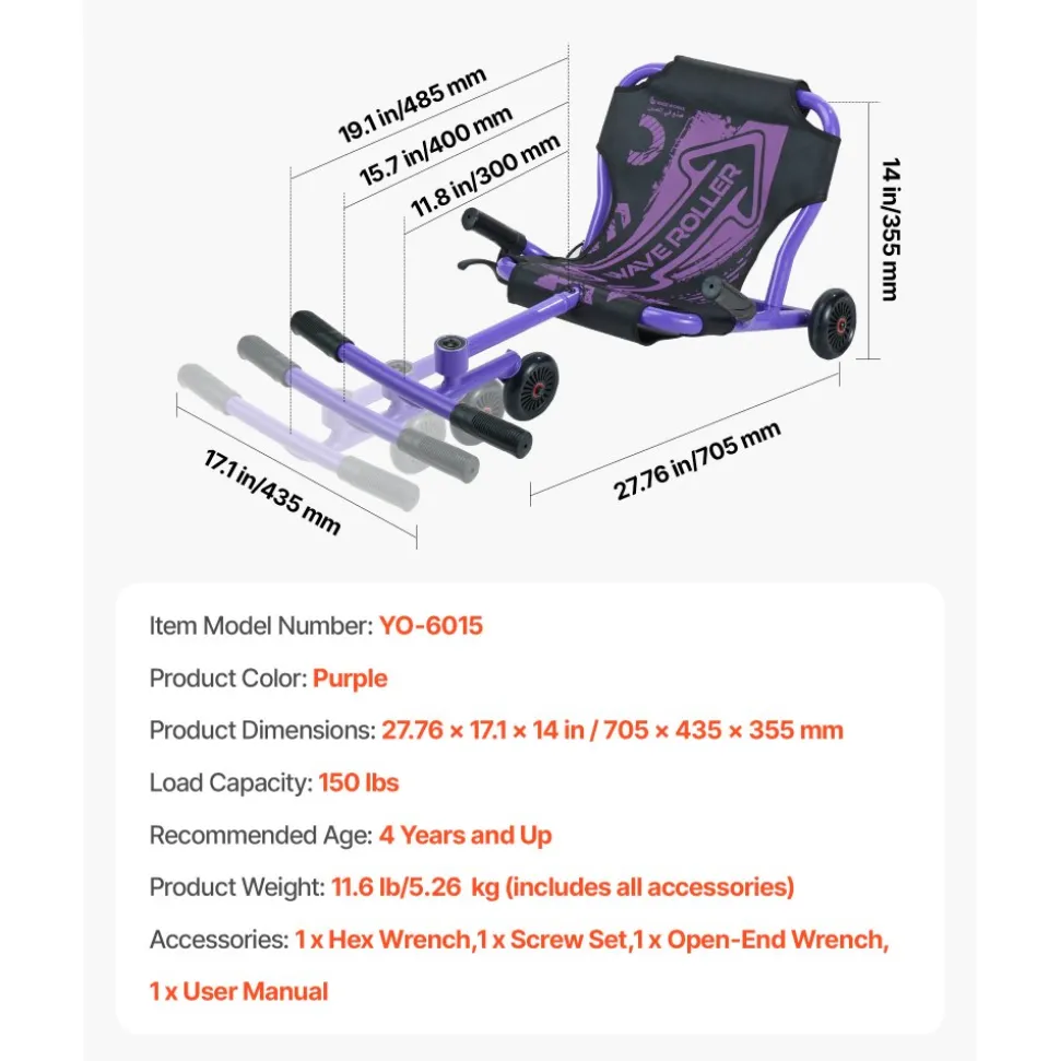 VEVOR Ride on Scooter 150 lbs Swing Side-to-Side for Amazing Riding Purple, for Ages 4+, Powered by Zig-Zag Motion, Ride on Toy with 3 Adjustable Length, Hand Brake, for Hard Surface Indoor & Outdoor