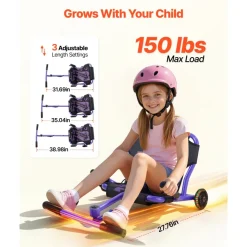 VEVOR Ride on Scooter 150 lbs Swing Side-to-Side for Amazing Riding Purple, for Ages 4+, Powered by Zig-Zag Motion, Ride on Toy with 3 Adjustable Length, Hand Brake, for Hard Surface Indoor & Outdoor