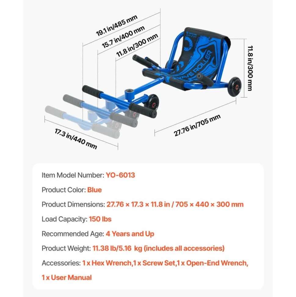 VEVOR Ride on Scooter 150 lbs Swing Side-to-Side for Amazing Riding Blue, for Ages 4+, Powered by Zig-Zag Motion, Ride on Toy with 3 Adjustable Length, Brake Lever, Hard Surface Indoor & Outdoor