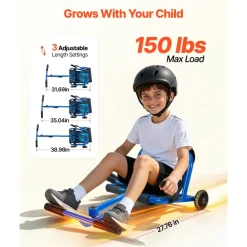 VEVOR Ride on Scooter 150 lbs Swing Side-to-Side for Amazing Riding Blue, for Ages 4+, Powered by Zig-Zag Motion, Ride on Toy with 3 Adjustable Length, Brake Lever, Hard Surface Indoor & Outdoor