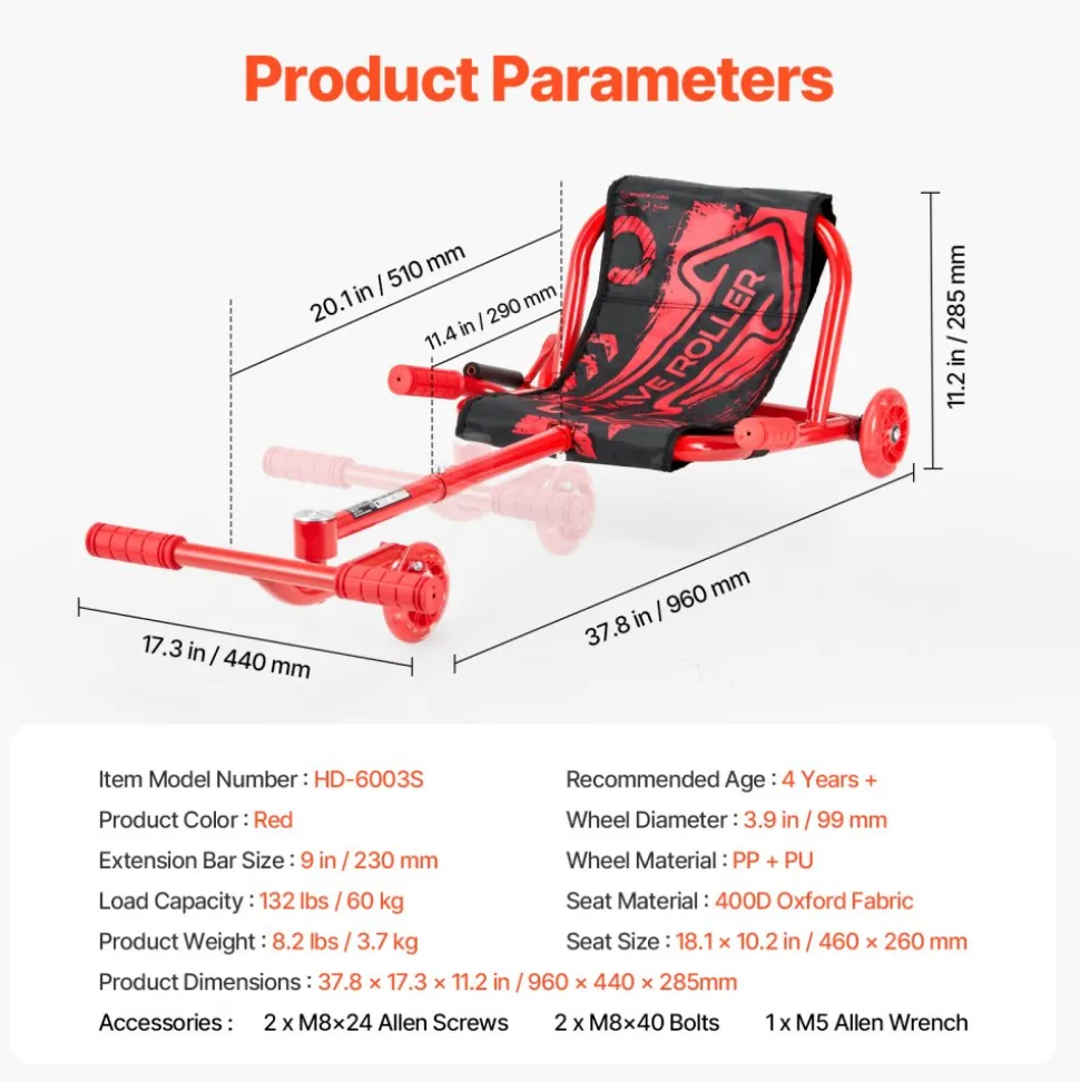 VEVOR Ride on Scooter, Load Capacity of 132 lbs, Swing Side-to-Side for Amazing Ride Powered by Zig-Zag Motion, Ride on Drifting Toy for Ages 4+, Rides on Any Hard Surface for Indoor & Outdoor, Red