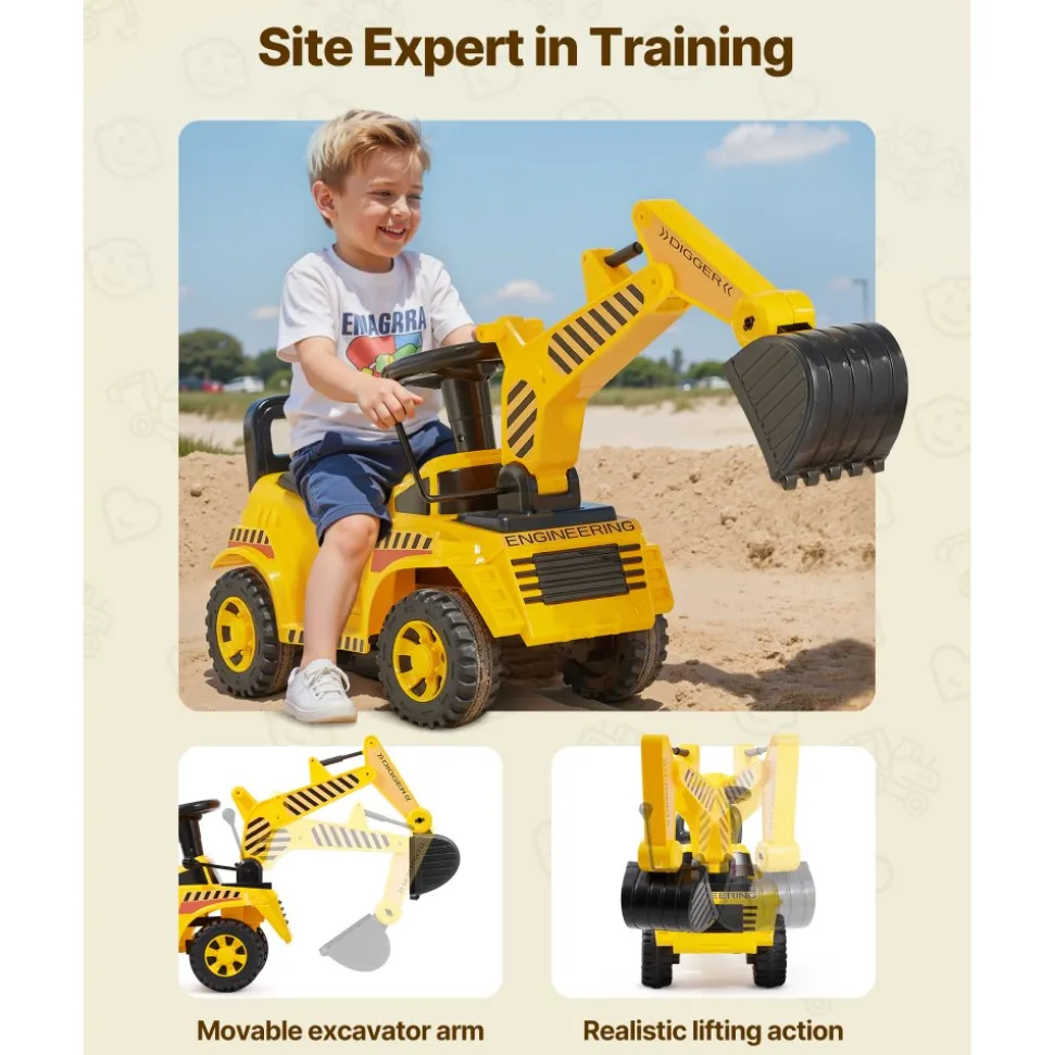 VEVOR Ride On Toddler Car, Push Car for Toddler 19 to 36 Months, Excavator Digger Toy with Helmet & Music, 55 lbs Load Capacity, Foot-to-Floor Walker for Kids, Yellow
