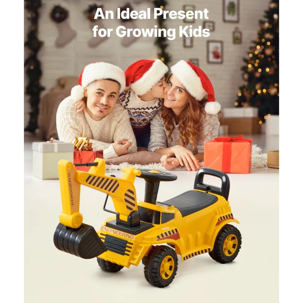 VEVOR Ride On Toddler Car, Push Car for Toddler 19 to 36 Months, Excavator Digger Toy with Helmet & Music, 55 lbs Load Capacity, Foot-to-Floor Walker for Kids, Yellow