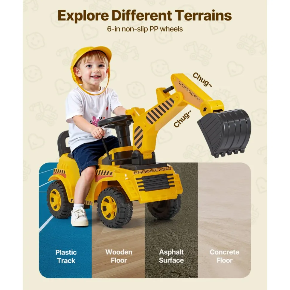 VEVOR Ride On Toddler Car, Push Car for Toddler 19 to 36 Months, Excavator Digger Toy with Helmet & Music, 55 lbs Load Capacity, Foot-to-Floor Walker for Kids, Yellow