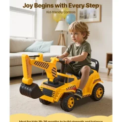 VEVOR Ride On Toddler Car, Push Car for Toddler 19 to 36 Months, Excavator Digger Toy with Helmet & Music, 55 lbs Load Capacity, Foot-to-Floor Walker for Kids, Yellow