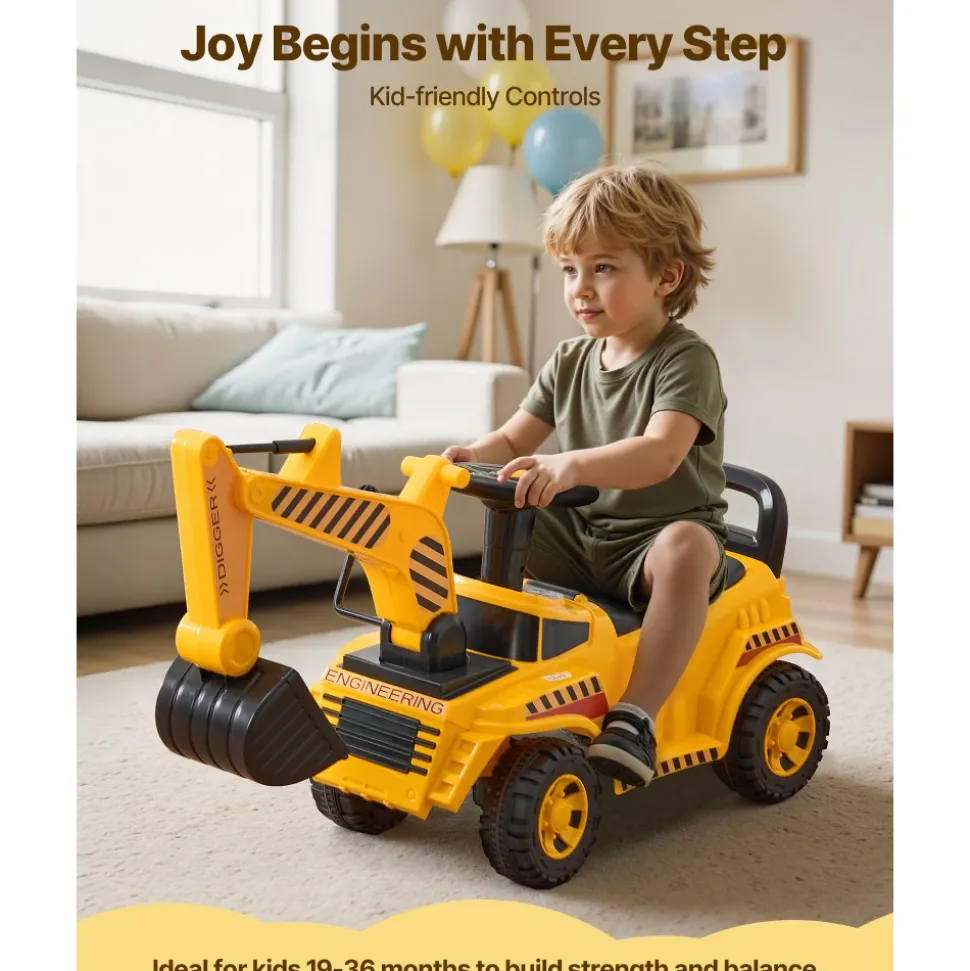VEVOR Ride On Toddler Car, Push Car for Toddler 19 to 36 Months, Excavator Digger Toy with Helmet & Music, 55 lbs Load Capacity, Foot-to-Floor Walker for Kids, Yellow