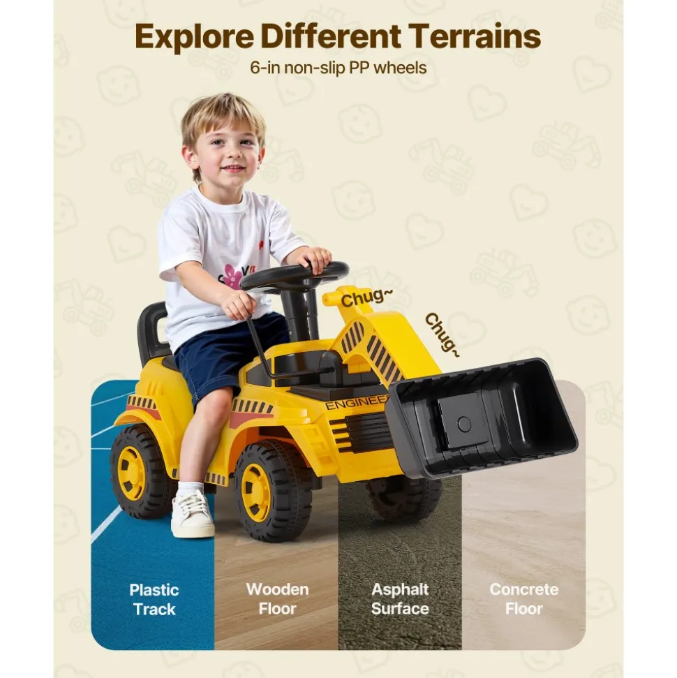 VEVOR Ride On Toddler Car, Ride on Excavator Car for Toddler 19 to 36 Months, Excavator Bulldozer Digger Toy with Under-seat Storage & Music, 55 lbs Load Capacity, Foot-to-Floor Walker for Kid, Yellow