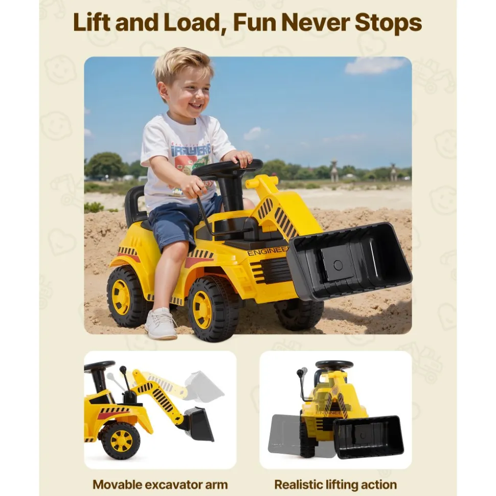 VEVOR Ride On Toddler Car, Ride on Excavator Car for Toddler 19 to 36 Months, Excavator Bulldozer Digger Toy with Under-seat Storage & Music, 55 lbs Load Capacity, Foot-to-Floor Walker for Kid, Yellow