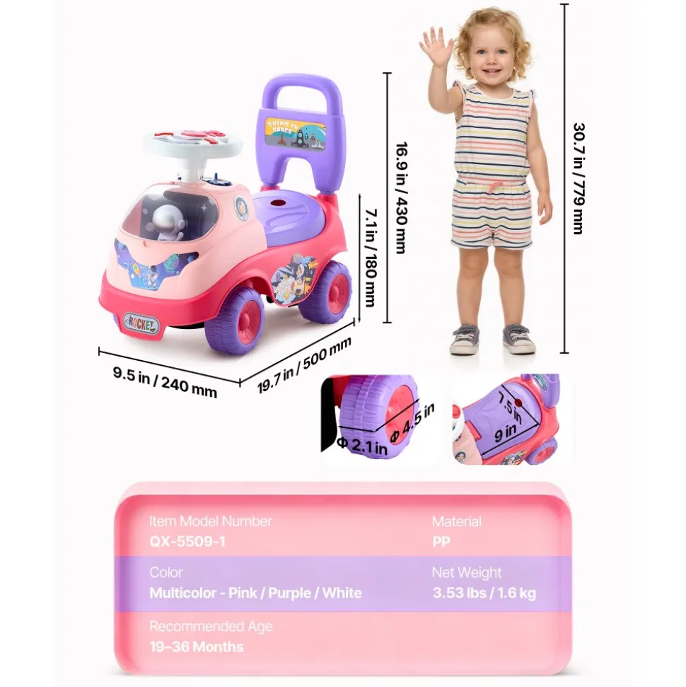 VEVOR Ride On Toddler Push Car, Push Car for Toddler 19 to 36 Months, Kids Ride On Toy with Horn & Music, 48.5 lbs Load Capacity, Under-seat Storage, Foot-to-Floor Walker for Toddlers Boys Girls, Pink