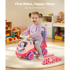VEVOR Ride On Toddler Push Car, Push Car for Toddler 19 to 36 Months, Kids Ride On Toy with Horn & Music, 48.5 lbs Load Capacity, Under-seat Storage, Foot-to-Floor Walker for Toddlers Boys Girls, Pink