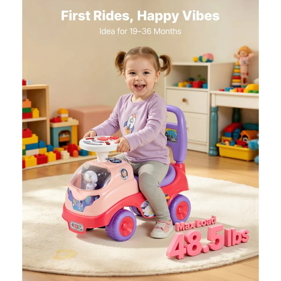VEVOR Ride On Toddler Push Car, Push Car for Toddler 19 to 36 Months, Kids Ride On Toy with Horn & Music, 48.5 lbs Load Capacity, Under-seat Storage, Foot-to-Floor Walker for Toddlers Boys Girls, Pink