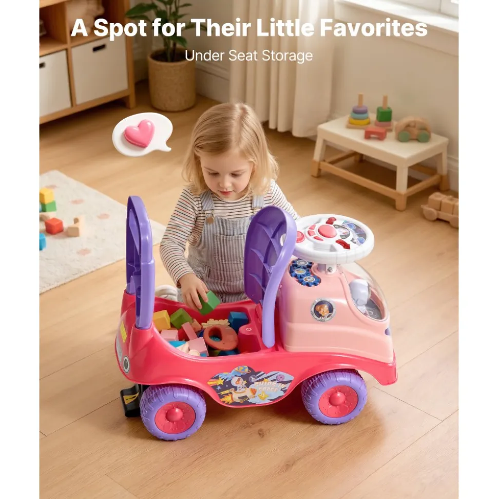 VEVOR Ride On Toddler Push Car, Push Car for Toddler 19 to 36 Months, Kids Ride On Toy with Horn & Music, 48.5 lbs Load Capacity, Under-seat Storage, Foot-to-Floor Walker for Toddlers Boys Girls, Pink