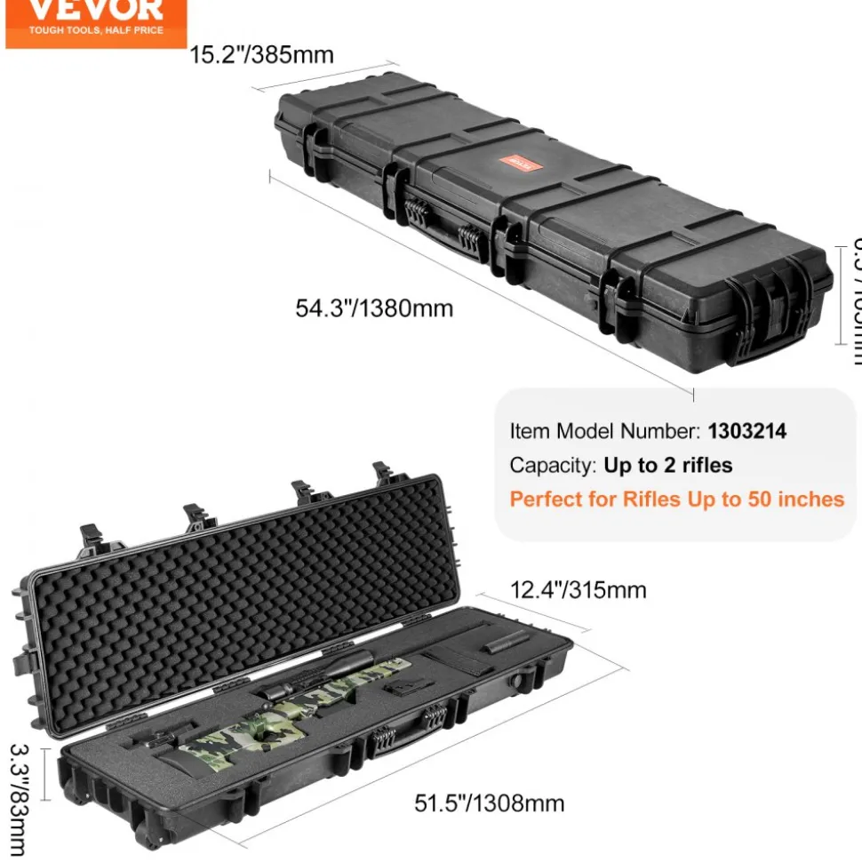 VEVOR Rifle Case, Rifle Hard Case with 3 Layers Fully-protective Foams, 50 inch lockable Hard Gun Case with Wheels, IP67 Waterproof & Crushproof, for Two Rifles or Shotguns, Airsoft Gun