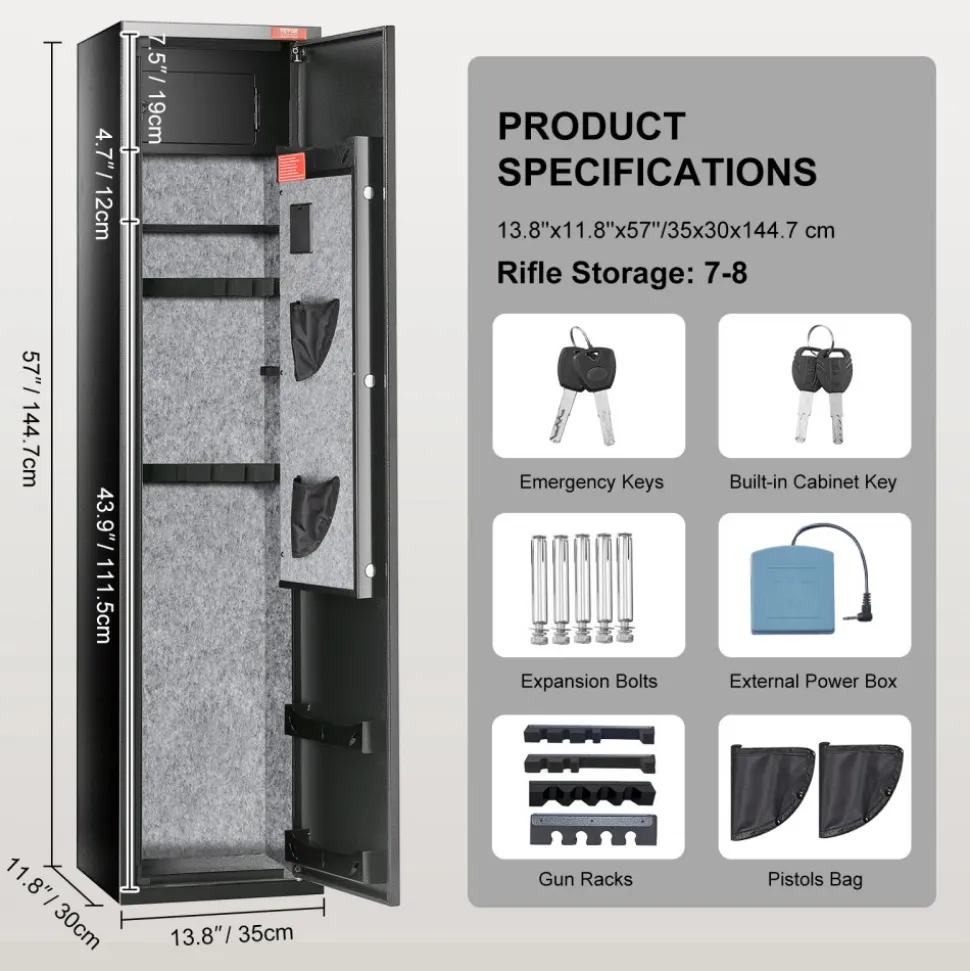 VEVOR 7-8 Rifles Gun Safe, Rifle Safe with Digital Keypad & Lock, Gun Storage Cabinet with Built-in Storage Locker, Removable Storage Shelf for Home Long Gun and Pistols