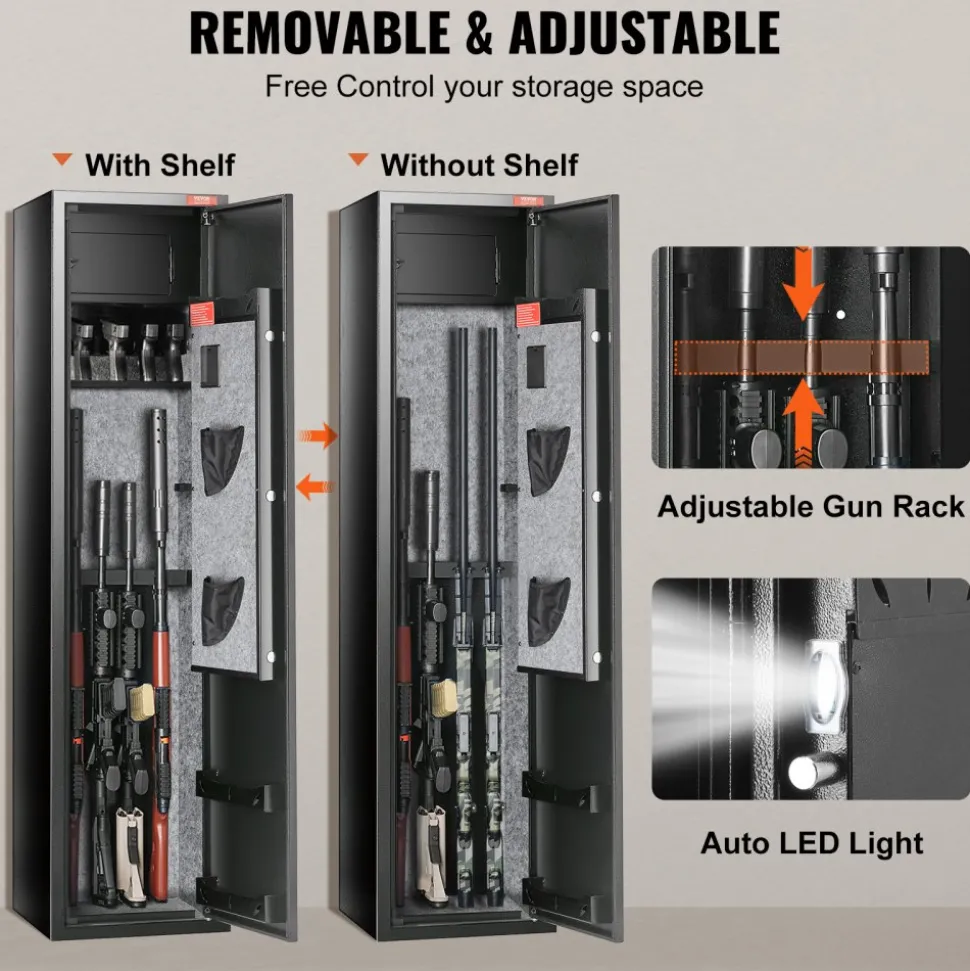 VEVOR 5 Rifles Gun Safe, Rifle Safe with Digital Keypad & Lock, Gun Storage Cabinet with Built-in Storage Locker, Removable Storage Shelf for Home Long Gun and Pistols