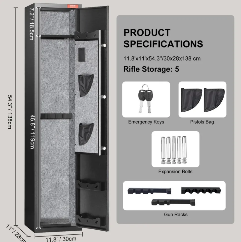 VEVOR 5 Rifles Gun Safe, Rifle Safe with Fingerprint Lock, Quick Access Gun Storage Cabinet for Shotguns with Removable Shelf, Pistol Rack, Ammo Storage Box for Home Long Gun and Pistols