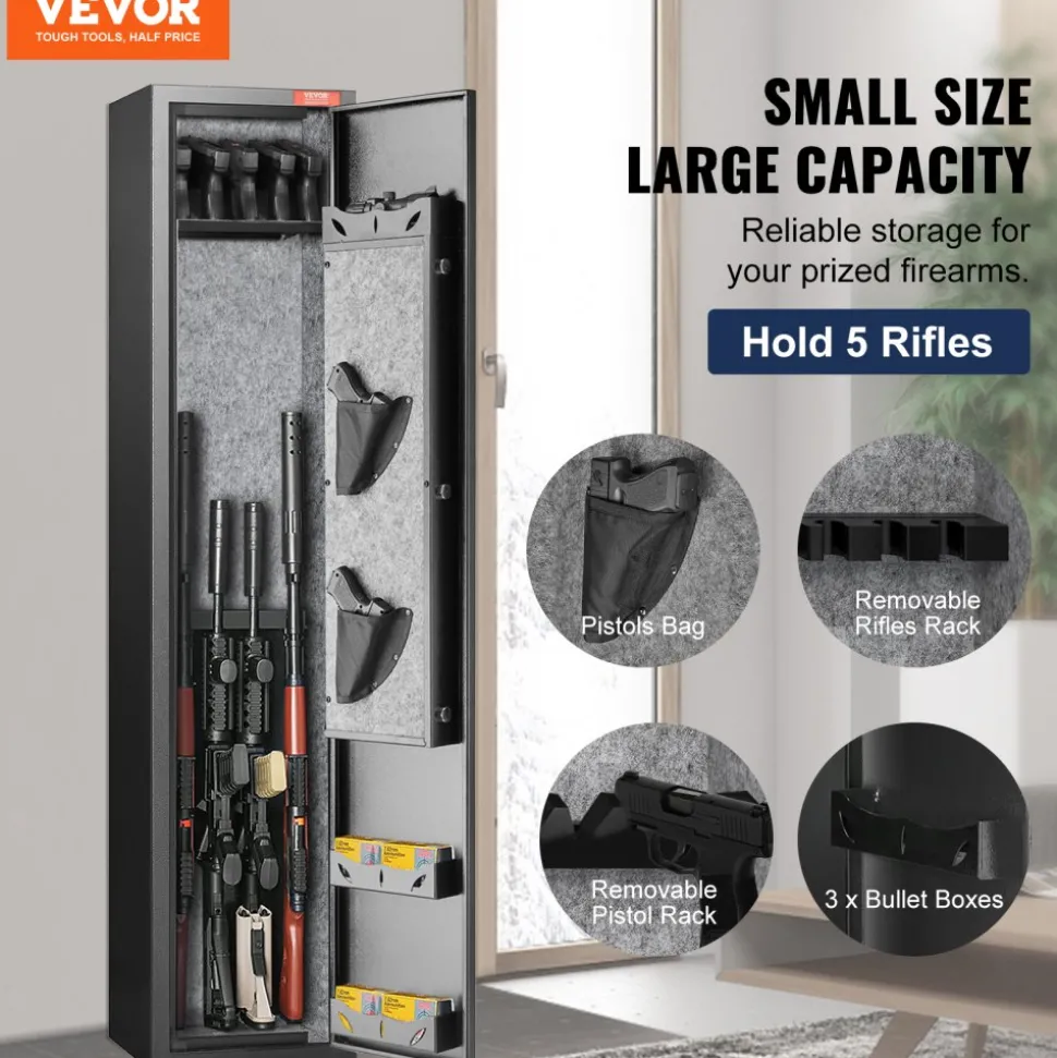 VEVOR 5 Rifles Gun Safe, Rifle Safe with Fingerprint Lock, Quick Access Gun Storage Cabinet for Shotguns with Removable Shelf, Pistol Rack, Ammo Storage Box for Home Long Gun and Pistols