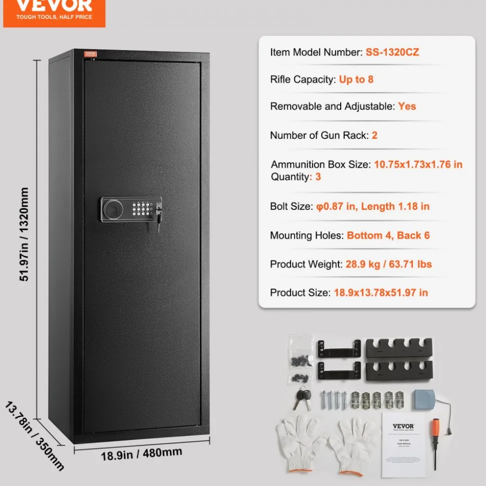 VEVOR 6-8 Rifles Gun Safe, Rifle Safe with Lock & Digital Keypad, Quick Access Tall Gun Storage Cabinet with Removable Shelf, Rifle Cabinet for Home Rifle and Shotguns