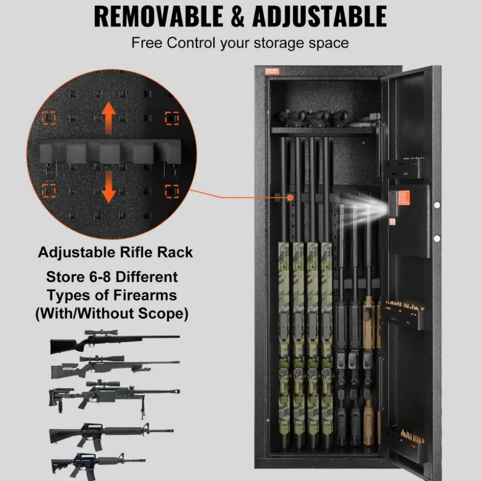 VEVOR 6-8 Rifles Gun Safe, Rifle Safe with Lock & Digital Keypad, Quick Access Tall Gun Storage Cabinet with Removable Shelf, Rifle Cabinet for Home Rifle and Shotguns