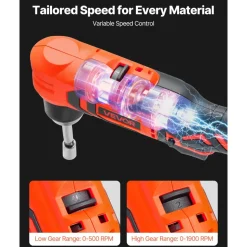 VEVOR Right Angle Drill, 3/8 Inch Chuck, 90 Degree Cordless Right Angle Drill with Brushless Motor, Battery, Charger, and Belt Clip, Adjustable Speed, for Fastening and Loosening in Tight Spaces